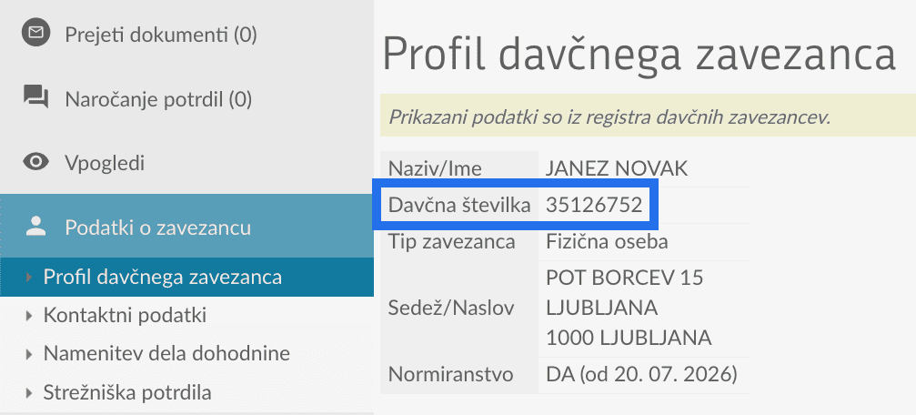 Davčno številko potrebno za odprtje s.p.-ja lahko najdeš v eDavkih.