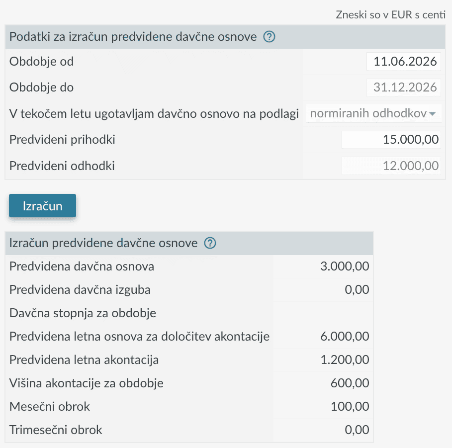 Obrazec DD-IPDO za izračun predvidene davčne osnove v eDavkih.